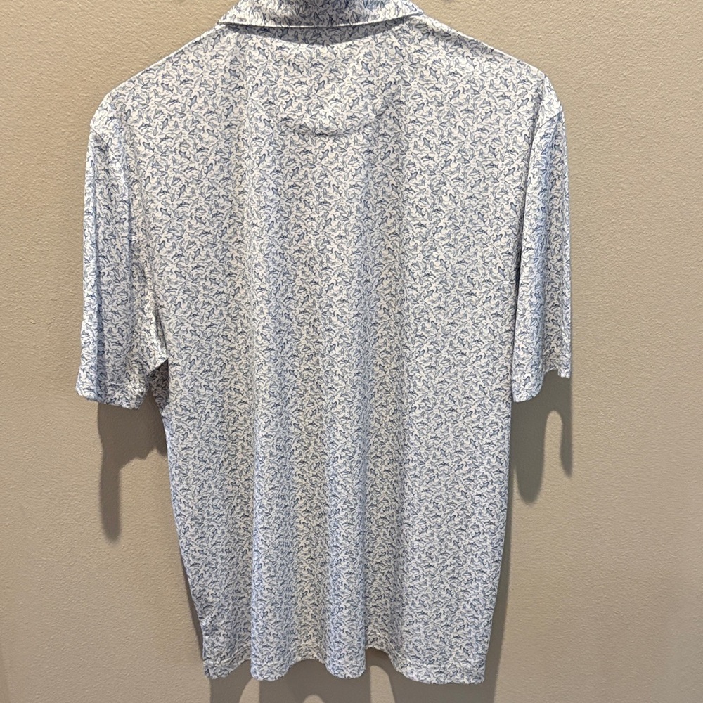 New w/tag!Greg Norman Collection White and Blue shark Patterned Polo. Size Large - Picture 6 of 7